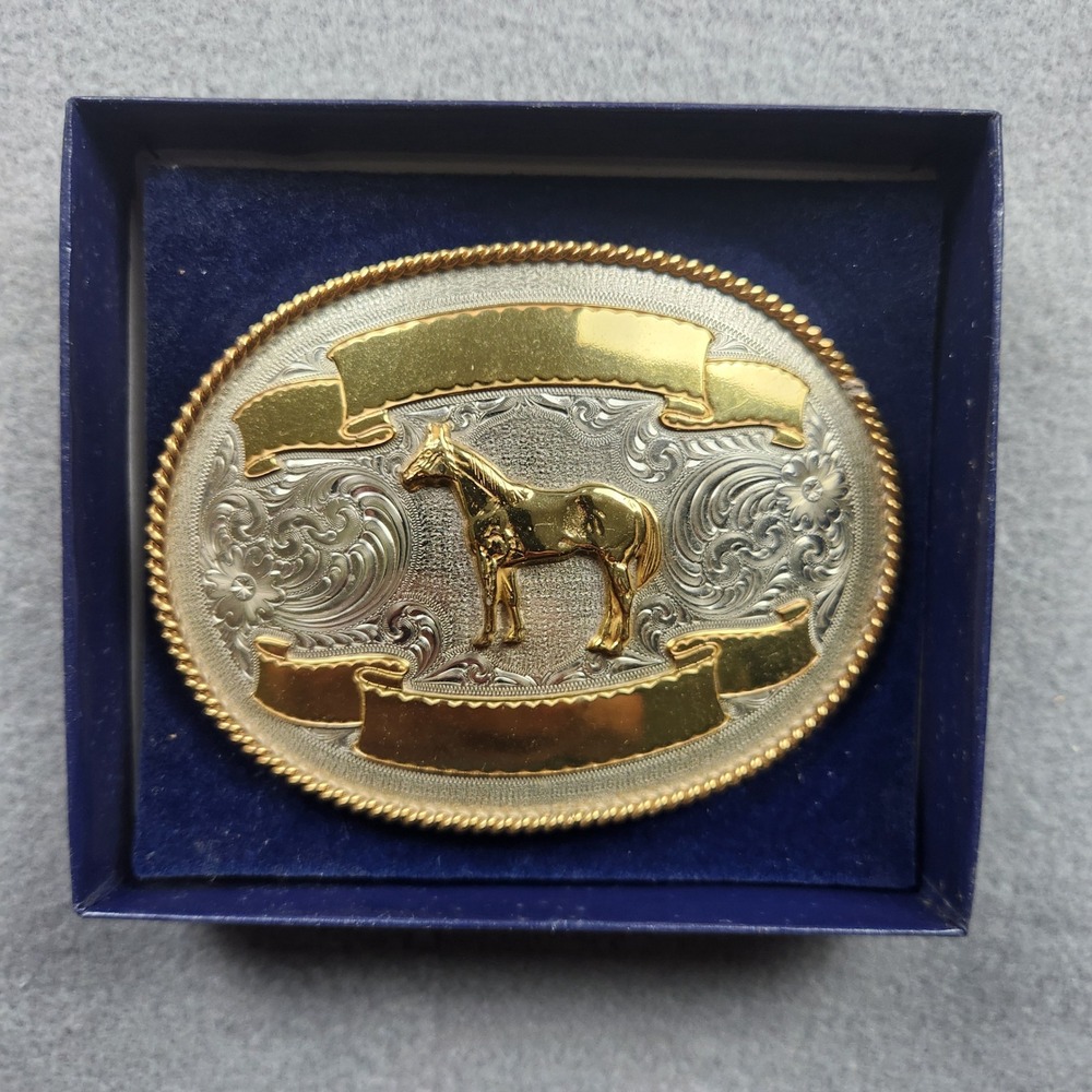 Montana Silversmiths Two Tone Gold Horse Silver Floral Western Belt Buckle Oval